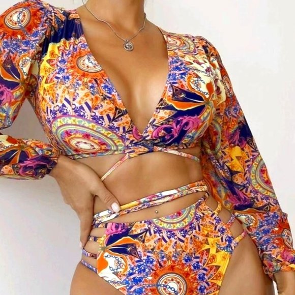 Callie Gypsy Sleeve: Multicolor Paisley Padded Plunge V-Neck Wrap Around Bikini - Picture 7 of 17